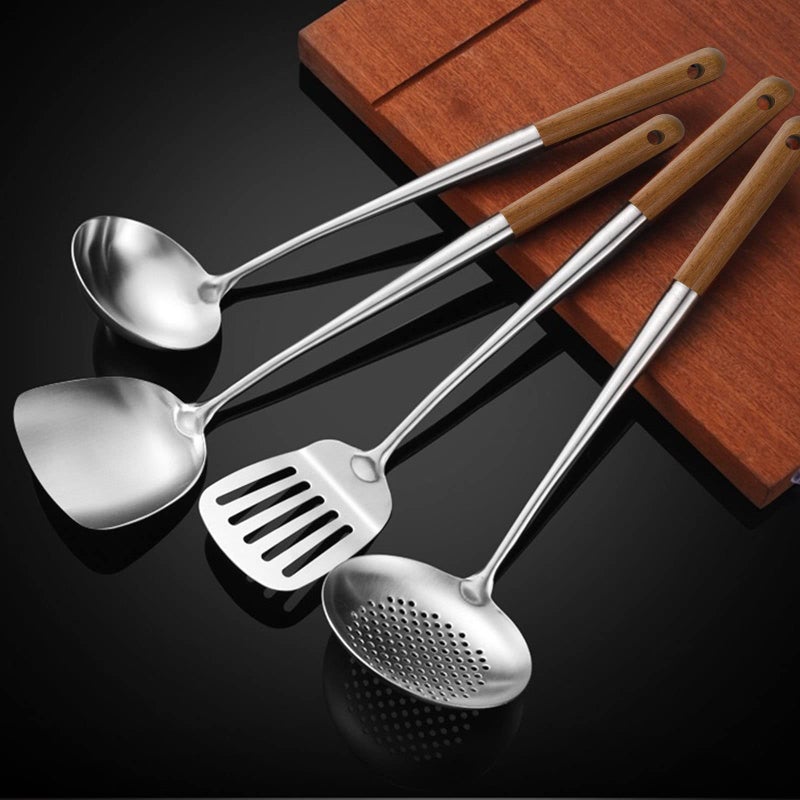 NIITAWH Wok Utensils for Carbon Steel Stainless Steel Wok Spatula Metal 4Pieces 17 Inch Extra Long Wok Tools Professional Set Wooden Handle Skimmer Soup Ladle Slotted Turner