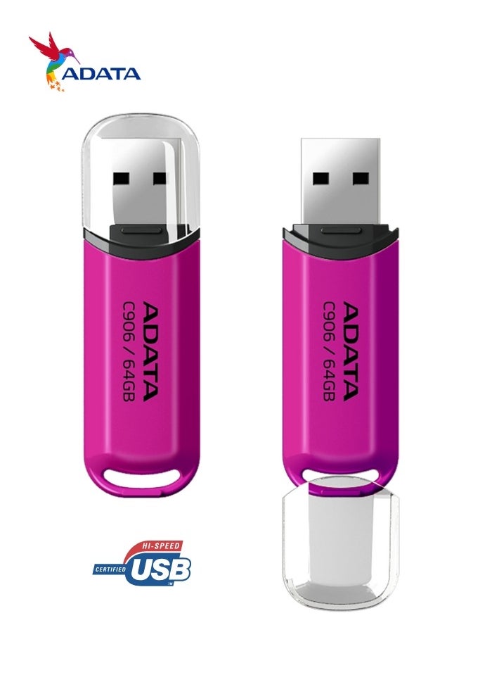 ADATA - C906 Compact | 64GB USB 2.0 Flash Drive | Lightweight and Fast Data Transfer | Pink - Image 1