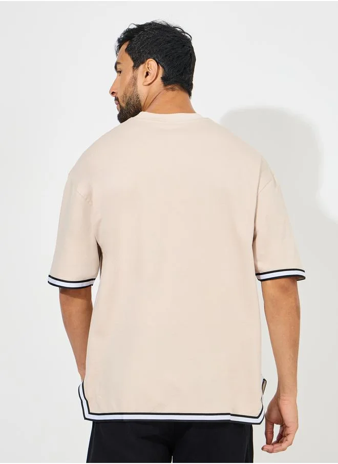 ستايلي Mock Neck Cotton Terry T-Shirt with Hem Tape Detail