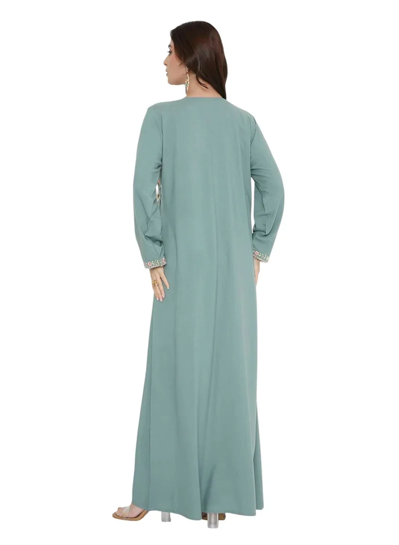 HANA & SARA Women’s Greyish Blue Arabic Jalabiya with Floral Embroidery