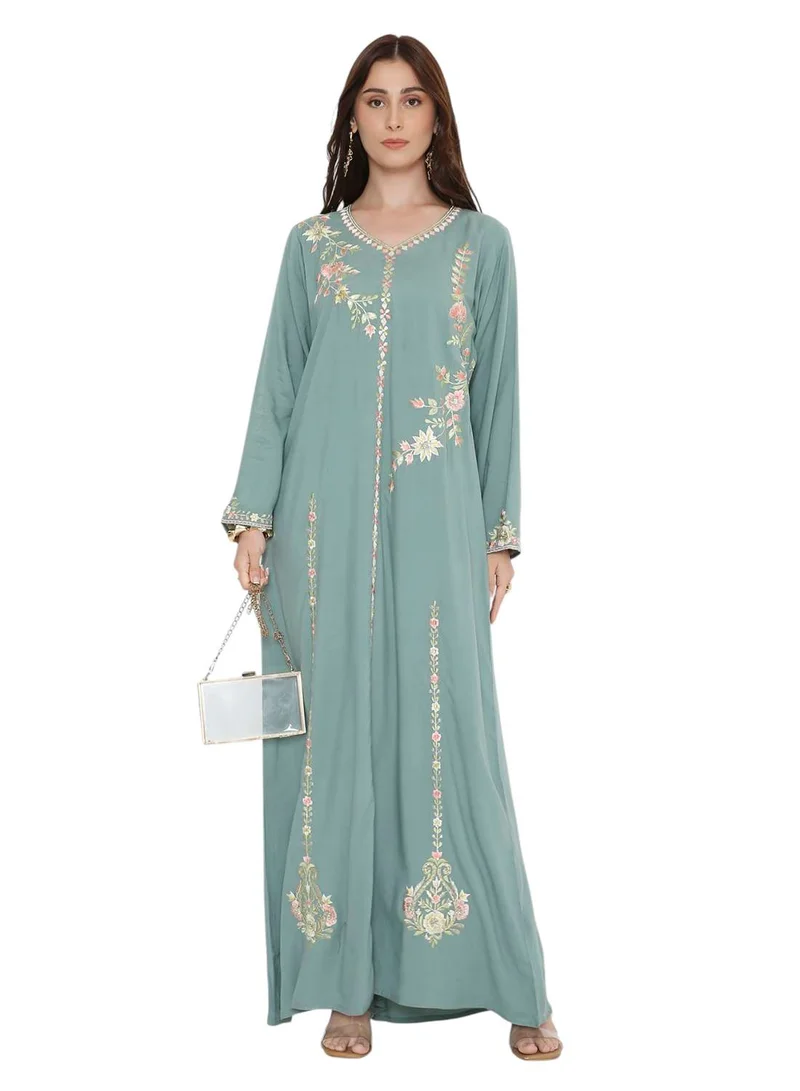 HANA & SARA Women’s Greyish Blue Arabic Jalabiya with Floral Embroidery
