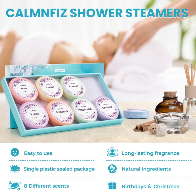 CalmNFiz مجموعة أقراص بخار الاستحمام CalmNFiz 8 قطع مع 8 عطور وزبدة الشيا للعناية الذاتية والاسترخاء، فكرة لعيد الميلاد، للنساء والرجال - Image 5