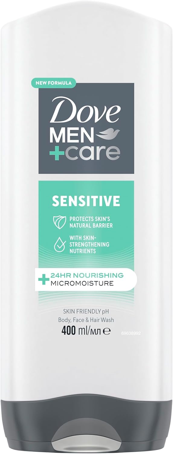 Dove MenCare Sensitive 3in1 Hair Body and Face Wash Body Cleanser shower gel with 24 hour nourishing MicroMoisture technology for healthier smootherfeeling skin 400 ml