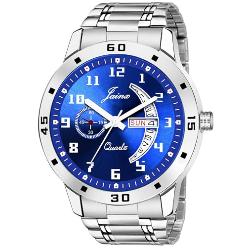 jainx Day and Date Blue Dial Steel Chain Analog Wrist Watch for Men - JM395 - Image 1