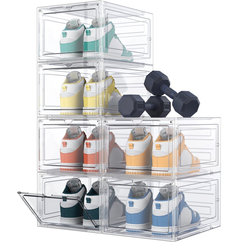 منظم أحذية HOMIDEC 6 عبوات صندوق أحذية بلاستيك صلب شفاف صناديق أحذية صناديق بلاستيكية شفافة قابلة للتكديس مع أغطية لحجم 13 شفافة