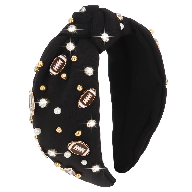YARIEW Football Headband Pearl Rhinestone Jeweled Knotted Headband Fashion Headband Wide Game Day Sports Hair Accessories Gift for Football Mom Fans Christmas (Blackish Green)