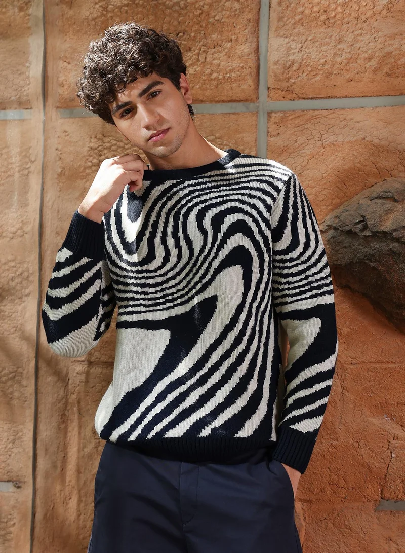 Campus Sutra Men's Onyx Black Fluid-Jacquard Knit Pullover Sweater | Round Neck , Ribbed Cuff Sleeves , Pull On Closure , Ribbed-Straight Hem | Abstract Jacquard For Casual & Daily Wear