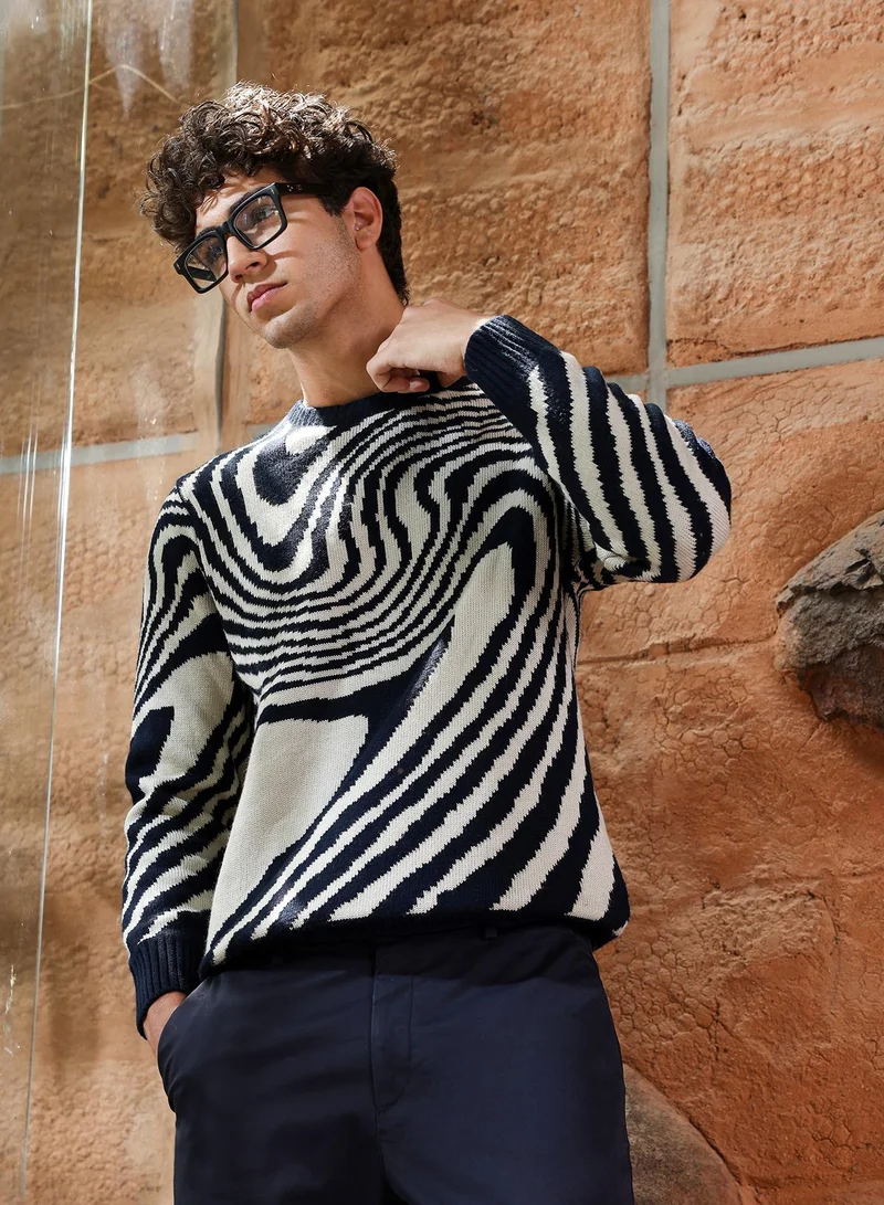 كامبوس سوترا كنزة رجالية من جاكار سائل باللون الأسود العقيقي بياقة مستديرة وأكمام مضلعة وفتحة سحب وحافة مستقيمة مضلعة بنقش جاكار تجريدي للاستخدام اليومي والكاجوال