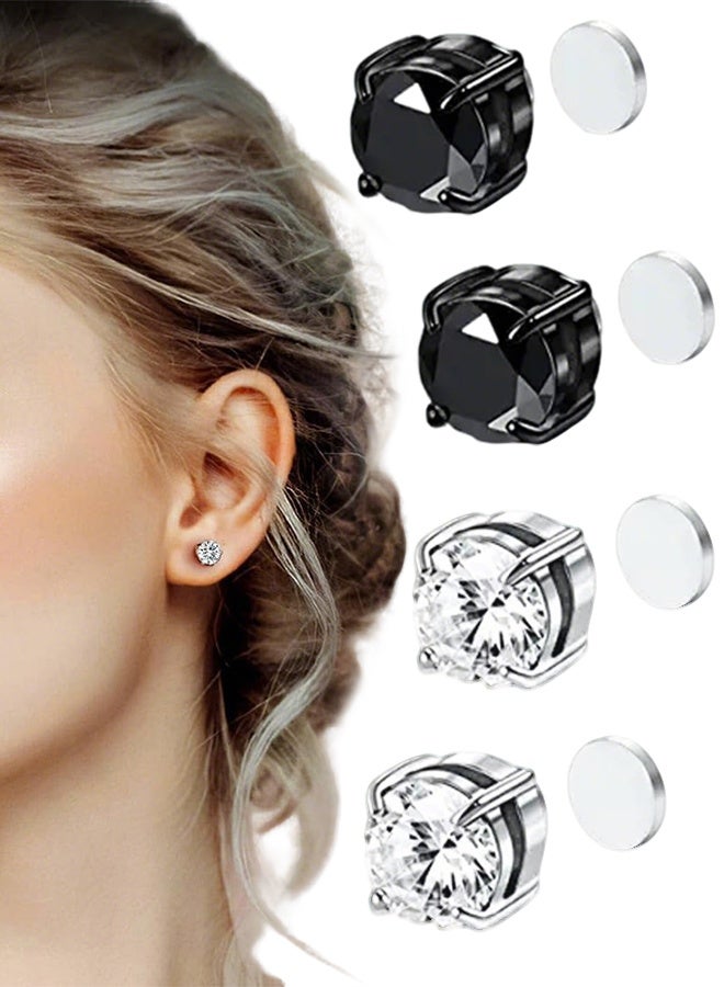 زوجان من الأقراط المغناطيسية المصنوعة من الفولاذ المقاوم للصدأ مقاس 8 مم للرجال، أقراط مشبكية مغناطيسية للجنسين، أقراط ألماس غير ثقب (أسود وفضي) - Image 1