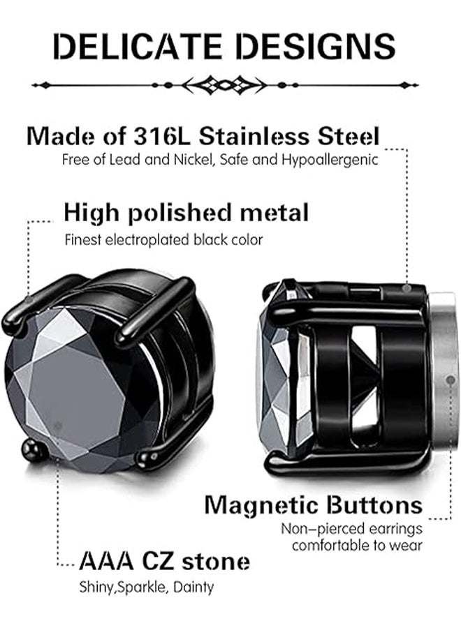 زوجان من الأقراط المغناطيسية المصنوعة من الفولاذ المقاوم للصدأ مقاس 8 مم للرجال، أقراط مشبكية مغناطيسية للجنسين، أقراط ألماس غير ثقب (أسود وفضي) - Image 2