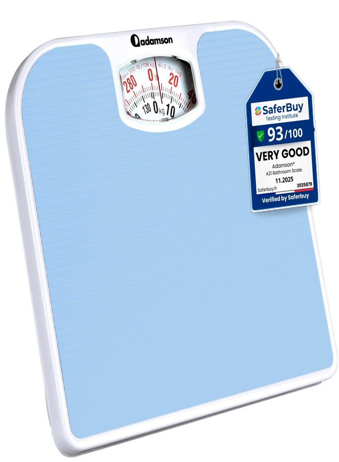 Adamson A21 Analog Scales for Body Weight - Up to 300 LB - New - Anti-Skid Rubber Surface + Large Numbers - Analog Bathroom Scale - Affordable - Durable with 20-Year Assurance - Light Blue - Image 1