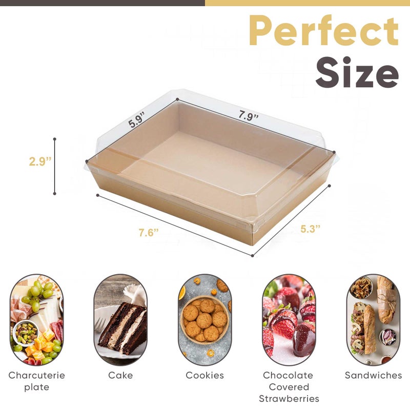 Leafiew 50 Pack 8x6 Inches Large Charcuterie Boxes with Clear Lids - Individual To Go Paper Mini Charcuterie Boards with Lid, Disposable Food Containers for Desserts, Cookie, Charcuterie Accessories (Brown) - Image 2