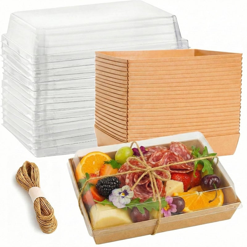 Leafiew 50 Pack 8x6 Inches Large Charcuterie Boxes with Clear Lids - Individual To Go Paper Mini Charcuterie Boards with Lid, Disposable Food Containers for Desserts, Cookie, Charcuterie Accessories (Brown) - Image 1