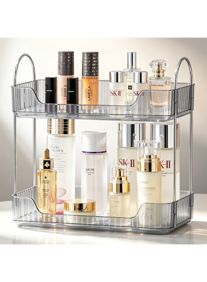 Bathroom Organizer Countertop, Makeup Storage, Skincare Cosmetic Tray Shelf, Perfume Holder Rack for Vanity Counter, Large Capacity, Easy to Install, Clean, 2 Tiers, Grey - Image 1