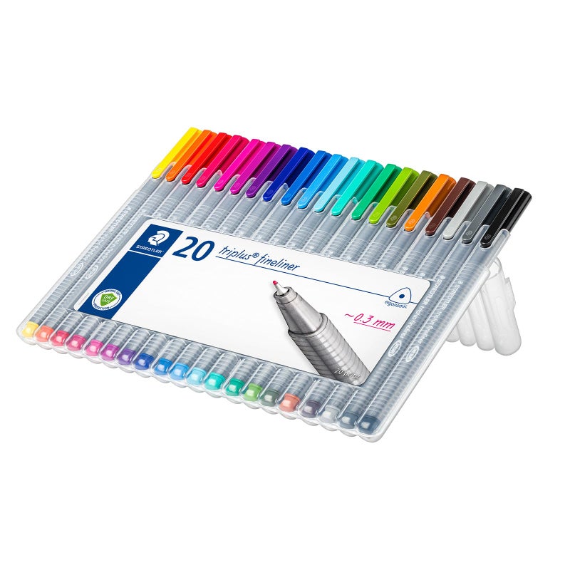 STAEDTLER مجموعة أقلام STAEDTLER Triplus Fineliner (20 قطعة) - 20 لون زاهي، طرف معدني بقطر 0.3 مم، جسم مثلث مريح، حقيبة حامل قائمة - Image 1