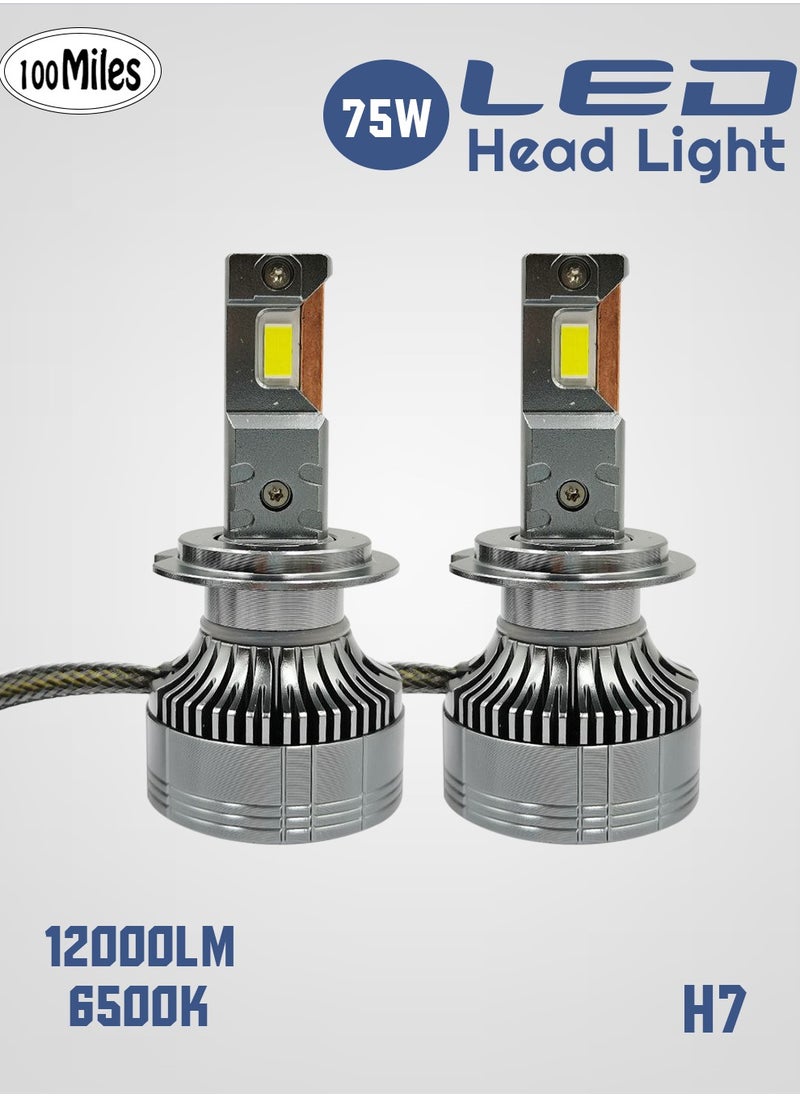 100Miles 100 Miles Car LED Headlight H7 55W 12000LM 6500K with Cooling Fan  - Image 1