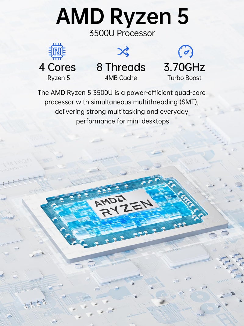 GMKtec جهاز كمبيوتر مصغر GMKtec Ryzen 5 3500U (يتفوق على N150/N97)، 16GB RAM 512 SSD، كمبيوتر مكتبي LAN بسرعة 2.5GbE للمكتب والمنزل والأعمال HTPC Proxmox، ثلاثي العرض 4K، HDMI 2.1، واي فاي، بلوتوث، USB-C، DP - Image 3