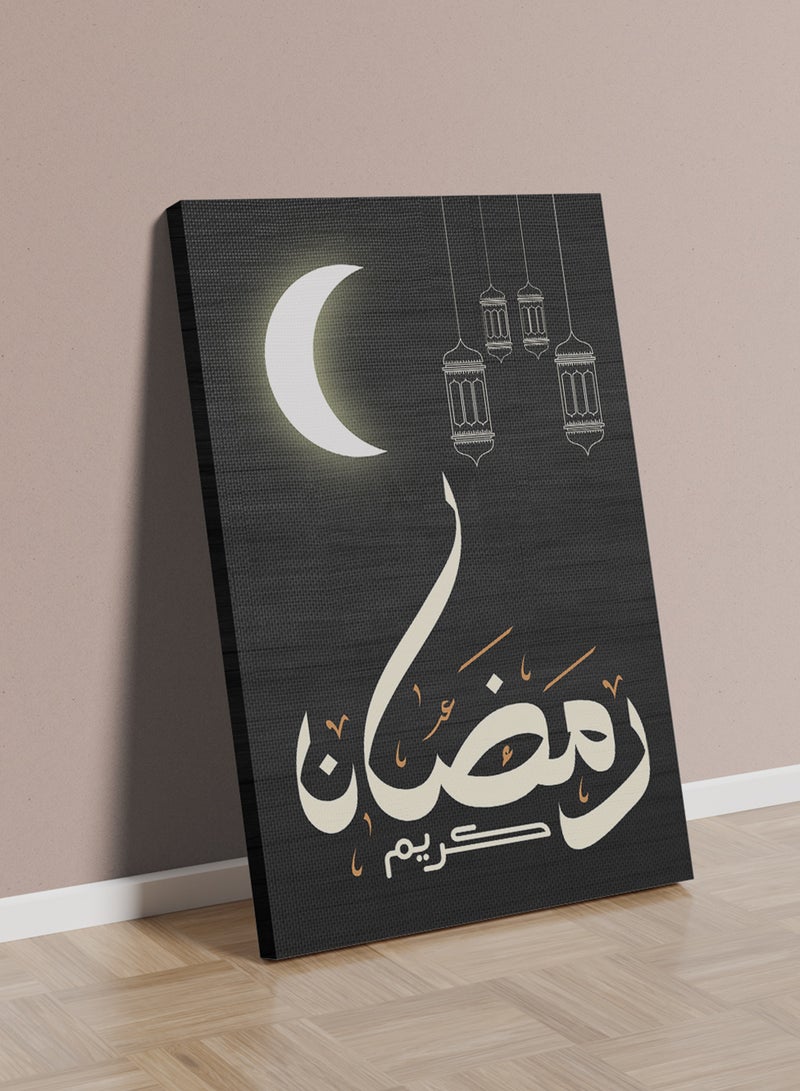 LOWHA Canvas Wall Art Stretched Over Wooden Frame with Ramadan Kareem with Shining Crescent Painting - Image 3