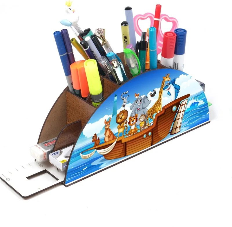 نوتبا Wooden Animals On Board Desktop Pen Holder Box with Rainbow Ruler Organizer For Kids GK10