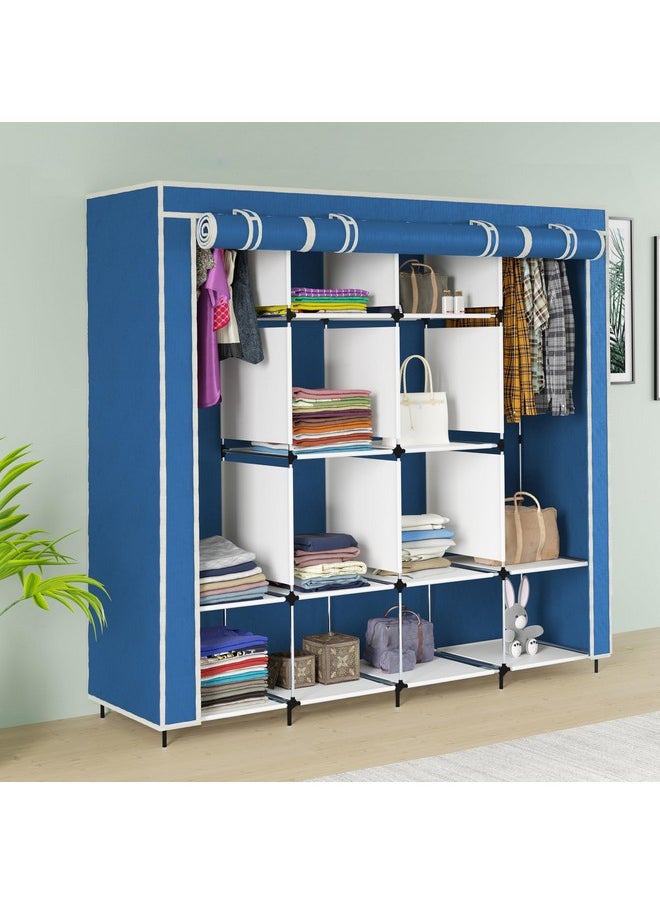 Whitecloud TRANSFORMING HOMES Whitecloud TRANSFORMING HOMES® Collapsible Wardrobe for Clothes with 12 Shelves 2 Hanger(Non Woven Febric 90GSM, Metal Rod, 145x38x145cm)(88270, Blue)  - Image 1