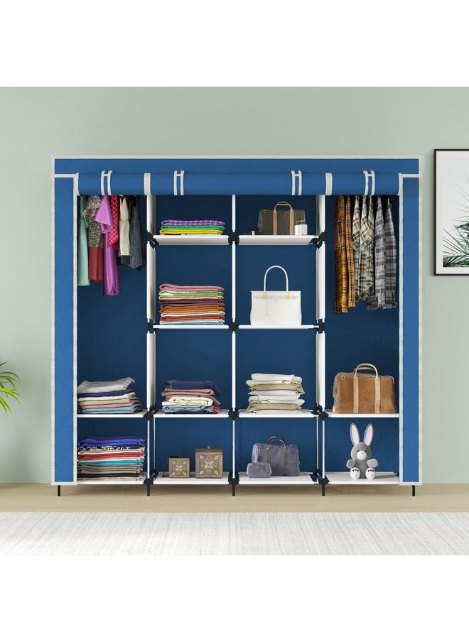 Whitecloud TRANSFORMING HOMES Whitecloud TRANSFORMING HOMES® Collapsible Wardrobe for Clothes with 12 Shelves 2 Hanger(Non Woven Febric 90GSM, Metal Rod, 145x38x145cm)(88270, Blue)  - Image 2