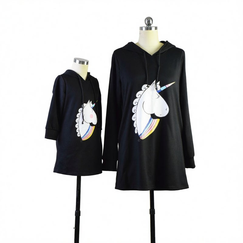 Unicorn Print Long Sleeve Hooded Dress Mother-Child Matching Short Dress - Image 3