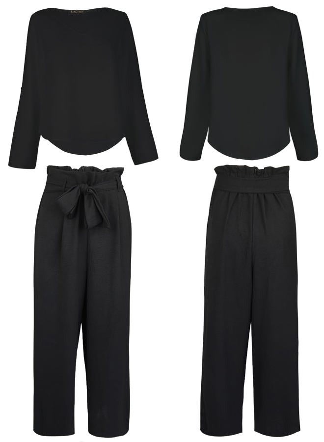 FANCYINN Womens 2 Piece Crop Pants Set V Neck Tank Wide Strap Tops High Waisted Cropped Paper Bag Pants with Belt, Black Long Sleeves Top & wide leg pant, L - Image 5