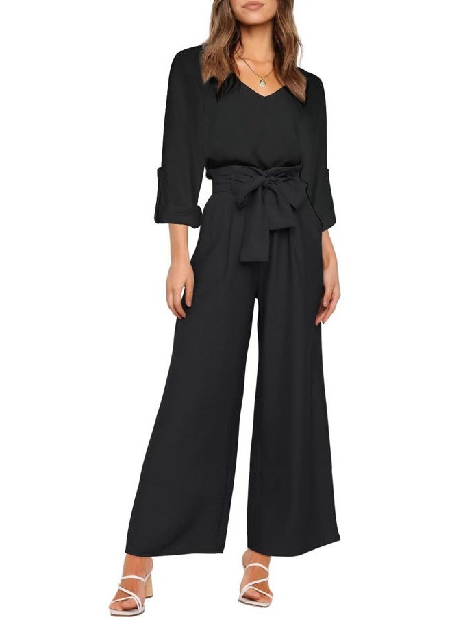 FANCYINN Womens 2 Piece Crop Pants Set V Neck Tank Wide Strap Tops High Waisted Cropped Paper Bag Pants with Belt, Black Long Sleeves Top & wide leg pant, L - Image 1