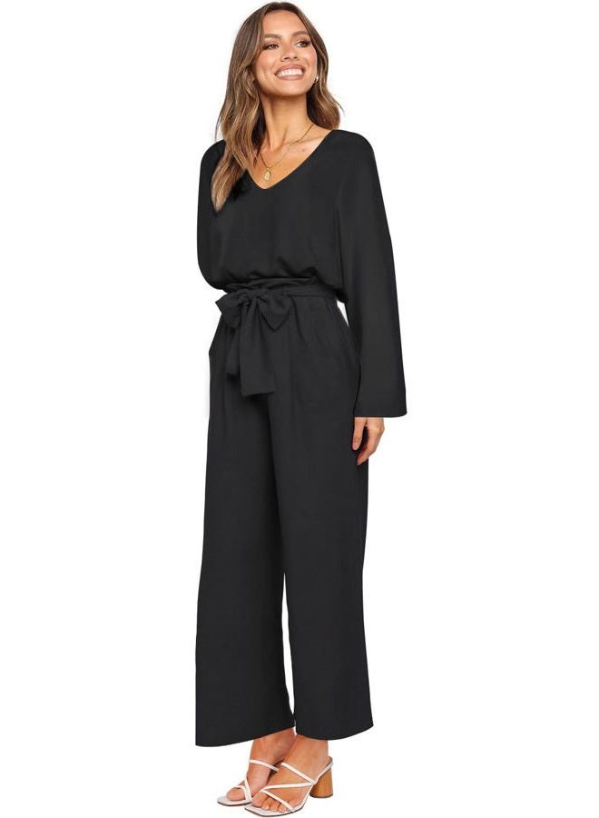 FANCYINN Womens 2 Piece Crop Pants Set V Neck Tank Wide Strap Tops High Waisted Cropped Paper Bag Pants with Belt, Black Long Sleeves Top & wide leg pant, L - Image 2