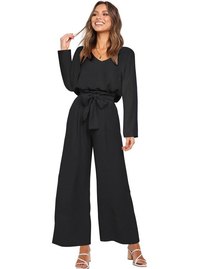 FANCYINN Womens 2 Piece Crop Pants Set V Neck Tank Wide Strap Tops High Waisted Cropped Paper Bag Pants with Belt, Black Long Sleeves Top & wide leg pant, L - Image 3