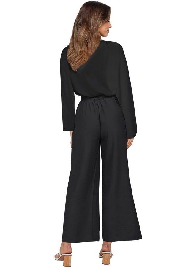 FANCYINN Womens 2 Piece Crop Pants Set V Neck Tank Wide Strap Tops High Waisted Cropped Paper Bag Pants with Belt, Black Long Sleeves Top & wide leg pant, L - Image 4