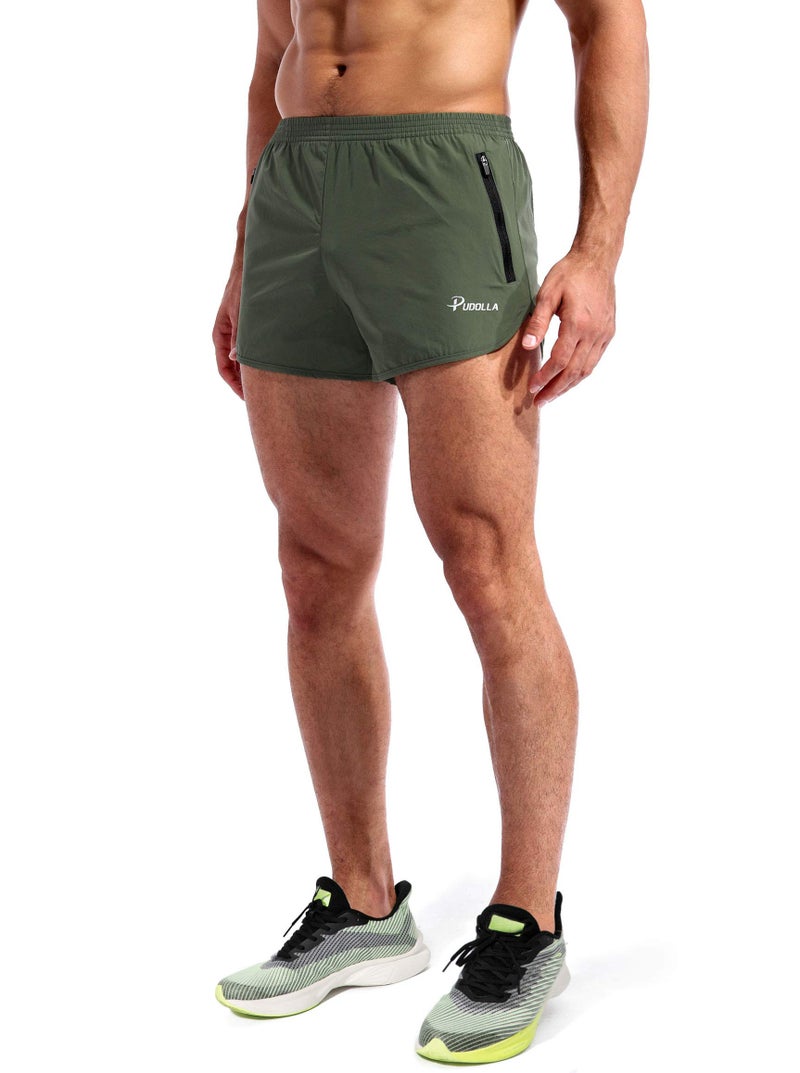 Pudolla Men’s Running Shorts 3 Inch Quick Dry Gym Athletic Workout Shorts for Men with Zipper Pockets(Black Green Small) - Image 3