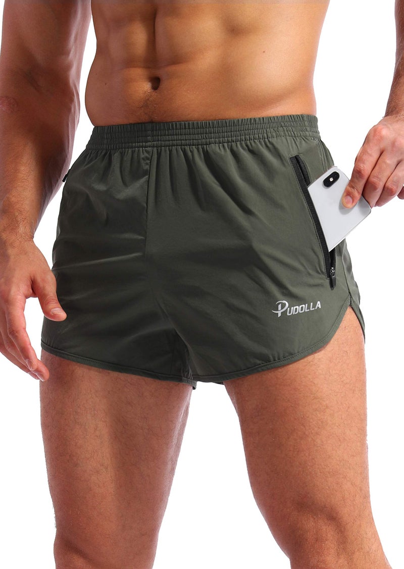 Pudolla Men’s Running Shorts 3 Inch Quick Dry Gym Athletic Workout Shorts for Men with Zipper Pockets(Black Green Small) - Image 1
