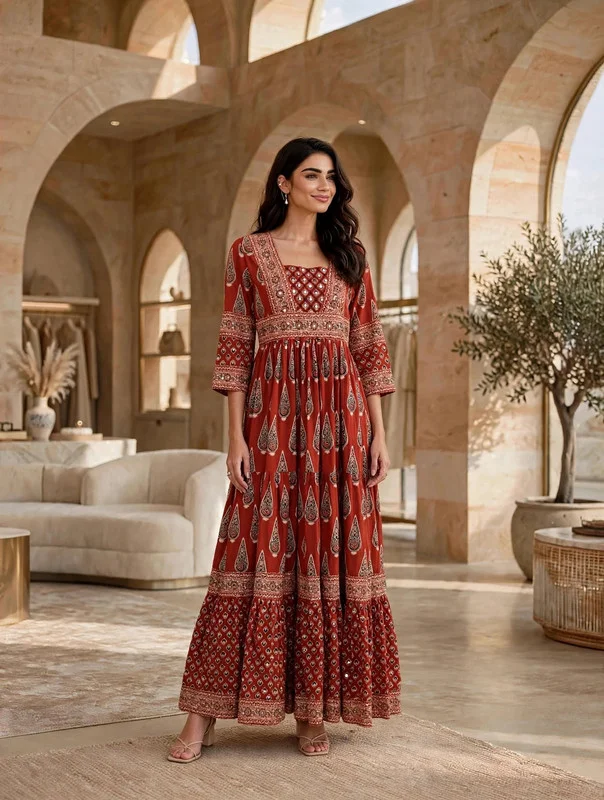 Ikkxa IKKXA Paisley Block Print Tiered Jalabiya IKX125 Red
