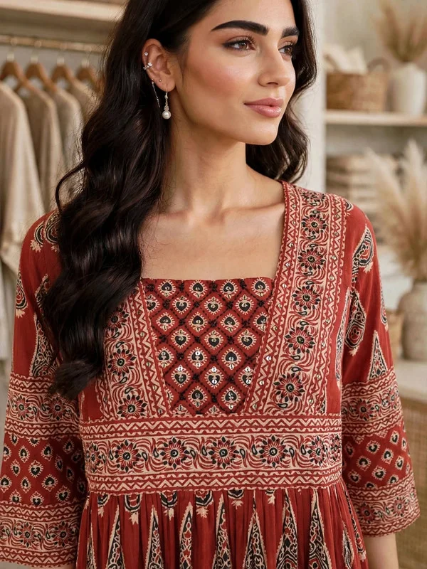Ikkxa IKKXA Paisley Block Print Tiered Jalabiya IKX125 Red