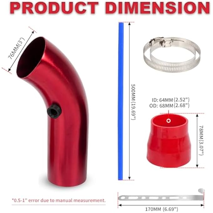BARTOO 3 Inch universal cold air intake Filter Pipe Aluminum Car Truck Cold Air Intake System Auto Turbo Piping (Red) - Image 2