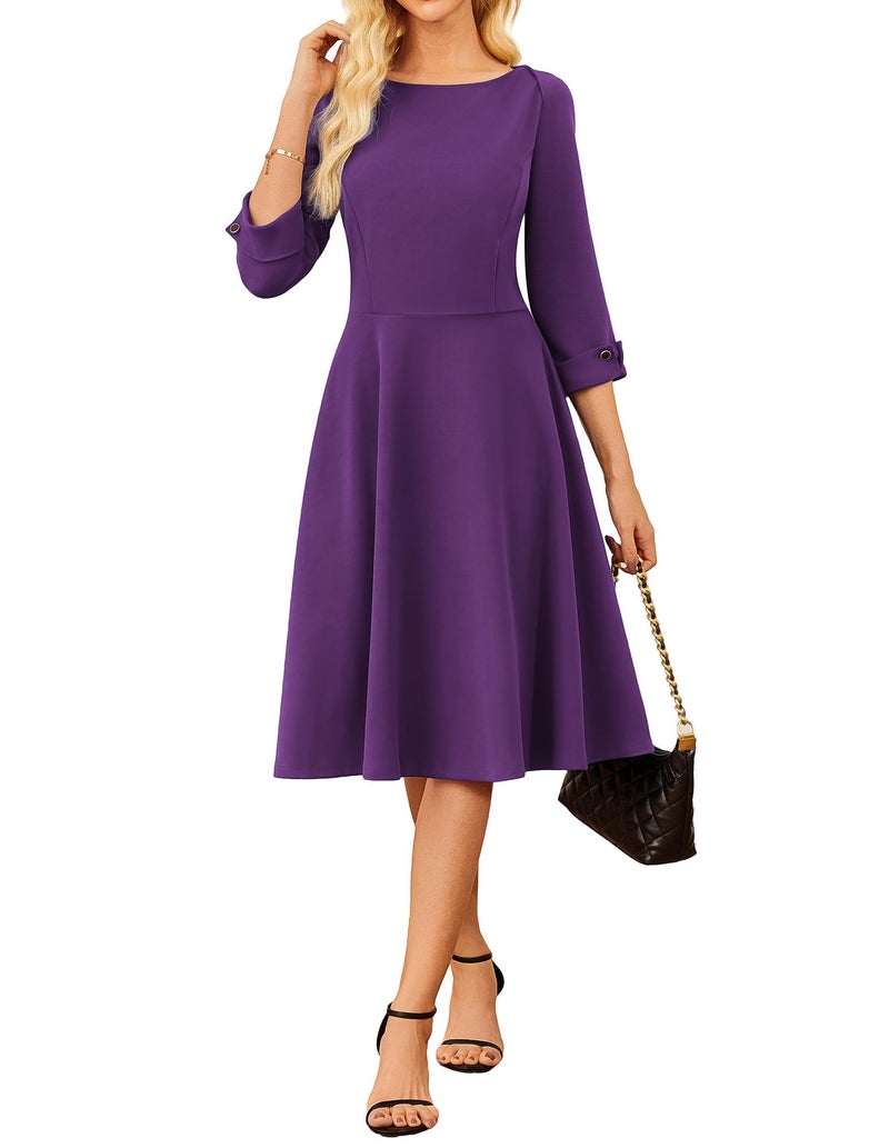 GRACE KARIN Women's Fit and Flare Work Dress 2025 3/4 Sleeve Elegant Cocktail Dresses Church Office Dress Purple M - Image 1