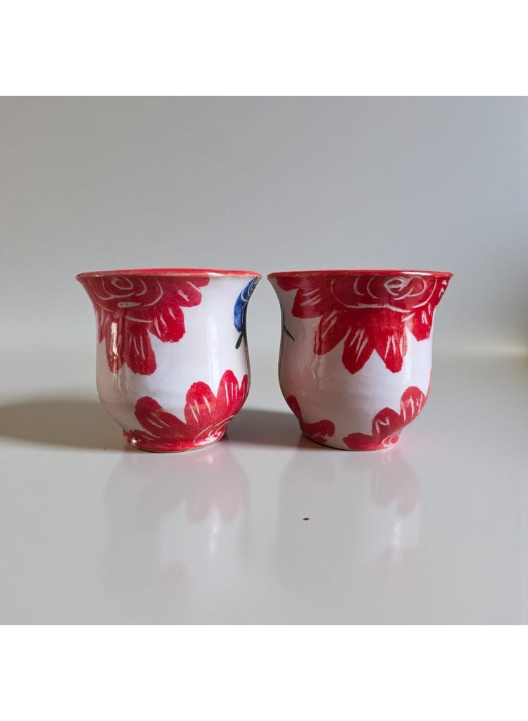 كلور زون بوتري 2 فنجان رسم يدوي 150 ملي بشكل مميز ، آمن للاستخدام في الميكروويف، مصنوع يدويًا من الفخار - Image 1