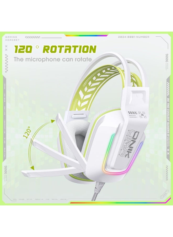 onikuma Wired Gaming Headset with RGB Lighting, 50mm Drivers, Noise-Cancelling Mic, USB & 3.5mm Jack, Over-Ear PC Headphones for PS5, PS4, Xbox, Laptop, Phone – Comfortable Fit, Surround Sound (Wired-White) - Image 3