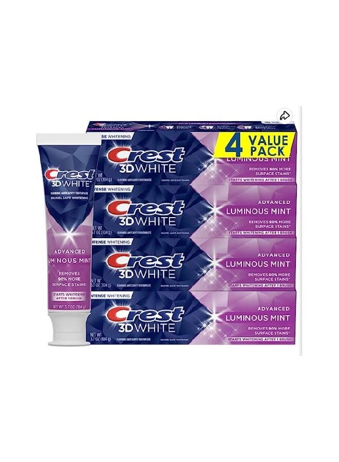 Crest 3D White Toothpaste, Advanced Luminous Mint, Teeth Whitening Toothpaste (Pack of 4) - Image 1