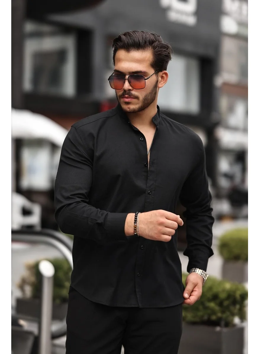 Valiberta Judge Collar Oxford Fabric Long Sleeve Shirt - Black