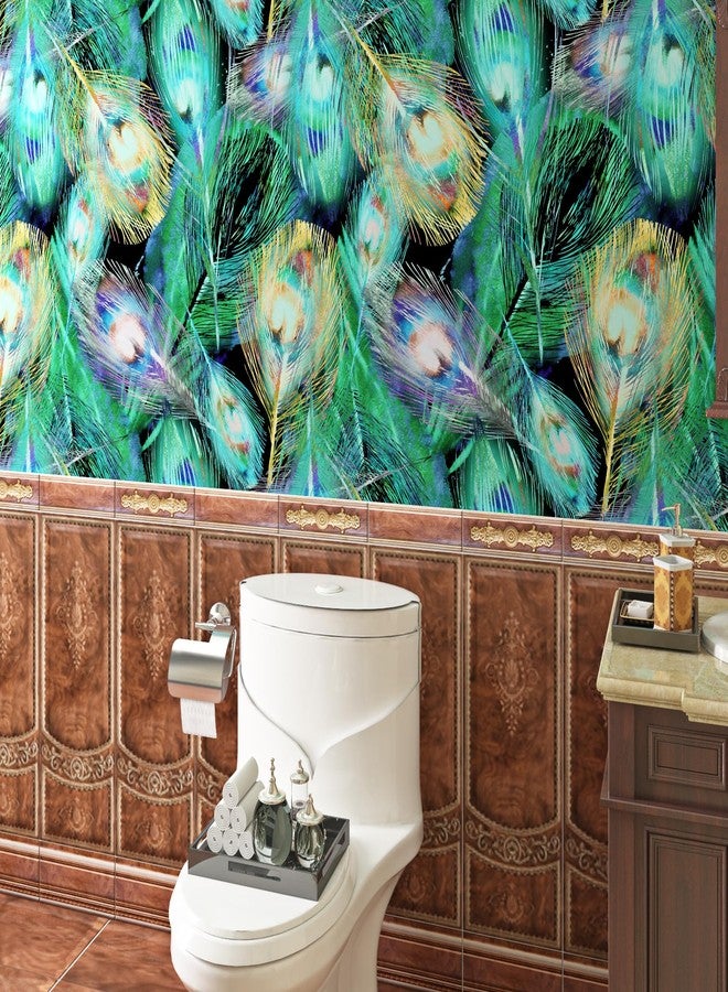 ReWallpaper ورق حائط ReWallpaper قابل للتقشير واللصق بتصميم ريش الطاووس باللون الأسود/الذهبي/الأزرق/الأخضر/الأزرق المخضر، ورق حائط ذاتي اللصق، ورق حائط زخرفي، غطاء حائط من الفينيل قابل للإزالة، مقاس 17.5 بوصة × 10 أقدام - Image 3