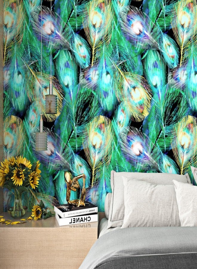 ReWallpaper ورق حائط ReWallpaper قابل للتقشير واللصق بتصميم ريش الطاووس باللون الأسود/الذهبي/الأزرق/الأخضر/الأزرق المخضر، ورق حائط ذاتي اللصق، ورق حائط زخرفي، غطاء حائط من الفينيل قابل للإزالة، مقاس 17.5 بوصة × 10 أقدام - Image 5