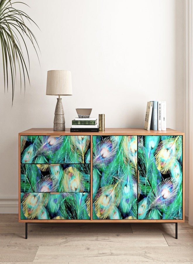 ReWallpaper ورق حائط ReWallpaper قابل للتقشير واللصق بتصميم ريش الطاووس باللون الأسود/الذهبي/الأزرق/الأخضر/الأزرق المخضر، ورق حائط ذاتي اللصق، ورق حائط زخرفي، غطاء حائط من الفينيل قابل للإزالة، مقاس 17.5 بوصة × 10 أقدام - Image 2