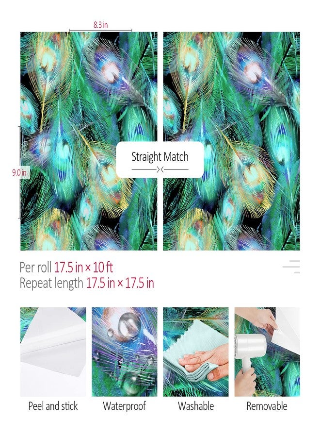 ReWallpaper ورق حائط ReWallpaper قابل للتقشير واللصق بتصميم ريش الطاووس باللون الأسود/الذهبي/الأزرق/الأخضر/الأزرق المخضر، ورق حائط ذاتي اللصق، ورق حائط زخرفي، غطاء حائط من الفينيل قابل للإزالة، مقاس 17.5 بوصة × 10 أقدام - Image 4