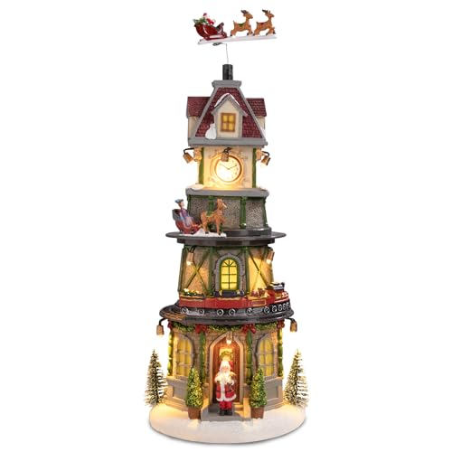 Taman Christmas Village Collectible Buildings Clock Tower Figurine with Revolving Train Music Warm Light Christmas Ornaments for Holiday Decorations - Image 1