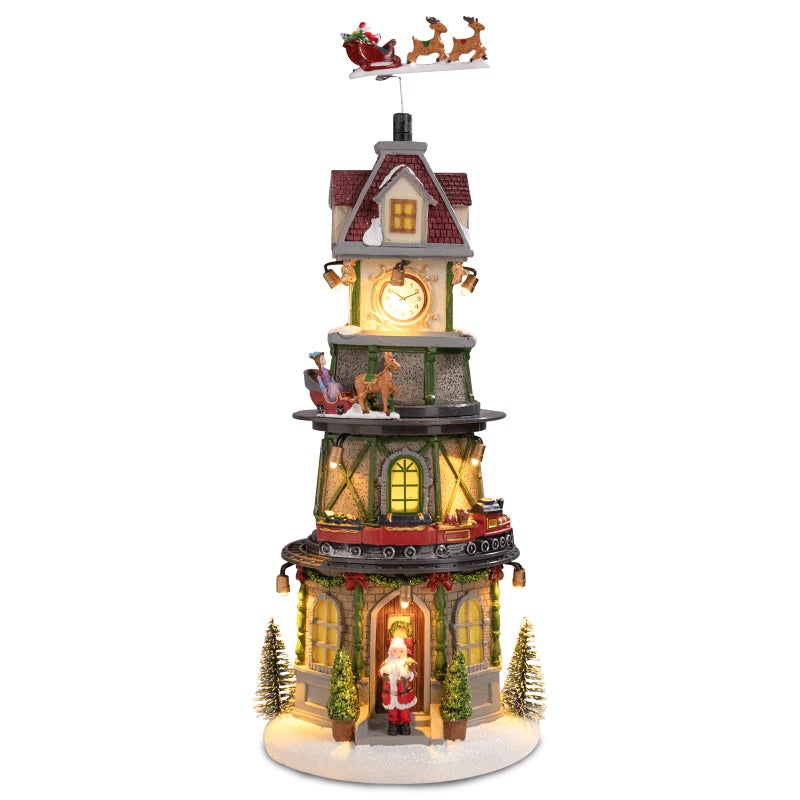 Taman Christmas Village Collectible Buildings Clock Tower Figurine with Revolving Train Music Warm Light Christmas Ornaments for Holiday Decorations - Image 2