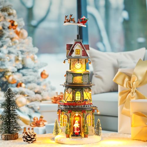 Taman Christmas Village Collectible Buildings Clock Tower Figurine with Revolving Train Music Warm Light Christmas Ornaments for Holiday Decorations - Image 3