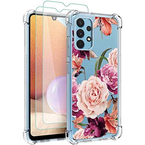Osophter for Galaxy A32 4G Case with 2pcs Screen Protector Clear Transparent Reinforced Corners TPU Shock-Absorption Flexible Phone Cover for Samsung Galaxy A32 4G 6.4"(Purple Flower) - Image 1