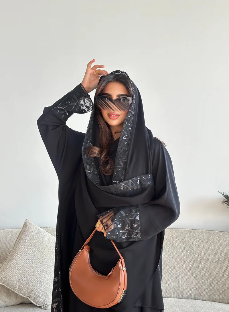 Lusin Abaya Black Abaya with Sequin-Embroidered Tulle Sleeves and Sides